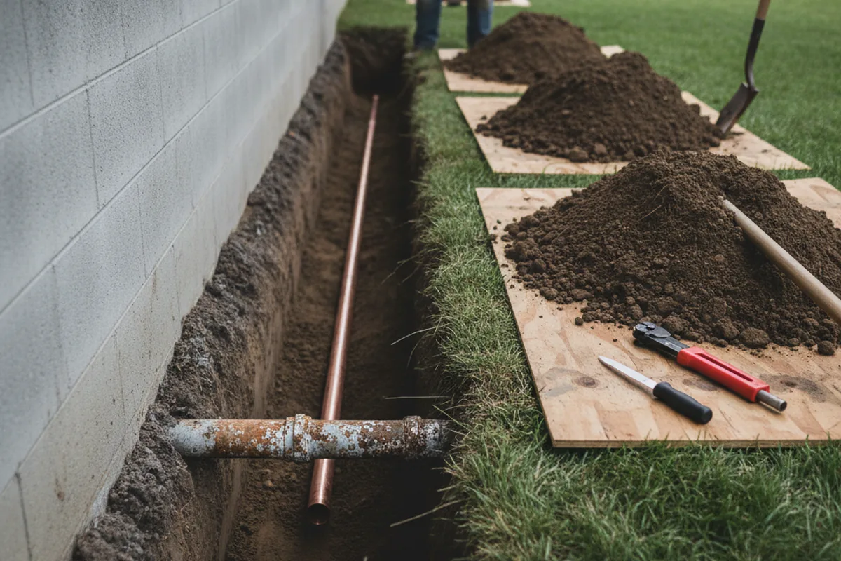 Excavated water line trench during Water Softener Installation in Paia